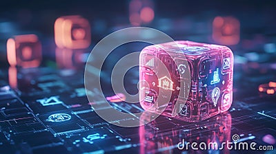 A stack of futuristic digital dice with icons representing various stages in the competitive process of technological progress Stock Photo