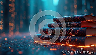 Stack of glowing books legal framework for AI. Futuristic design with intertwined tech, law. Abstract art, displaying AI Stock Photo