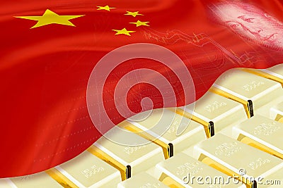 Stack of gold bars / ingots covered with flag of China and image of Mao Zedong. Cartoon Illustration