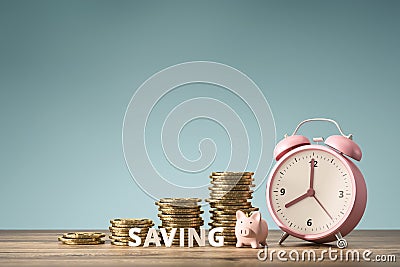 Stack of gold coins and growing graph on saving money background with retirement planning idea. Savings money or economic. 3D Stock Photo