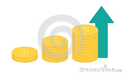 Stack of gold dollar coins with green upward pointing arrow. Business growth concept. Vector Illustration