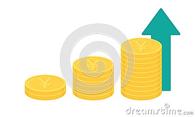 Stack of gold Japanese yen or Chinese yuan coins with green upward pointing arrow. Business growth concept. Vector Illustration