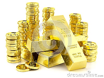 Stack of golden bars and coins Stock Photo
