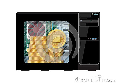 Stack of golden coin inside of computer case. Vector Illustration