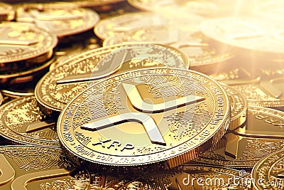 Stack of golden Ripple XRP coins in blurry closeup. Bright sun flare as a sign of growth. 3D rendering Editorial Stock Photo