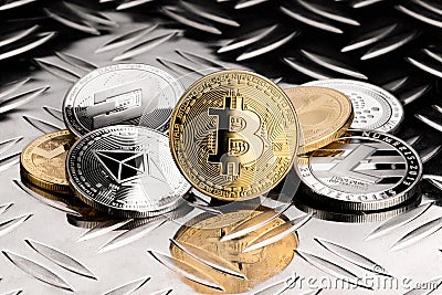 Stack of golden silver crypto currency coins Editorial Stock Photo