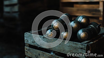 Stack of grenades resting on a weathered wooden crate in a dimly lit setting. Generative AI Stock Photo