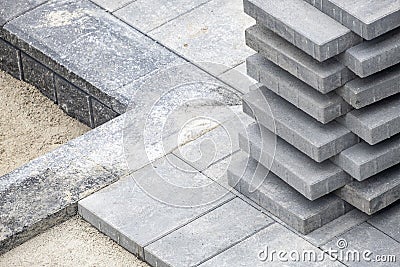 Stack of Grey Concrete Patio Stones Stock Photo