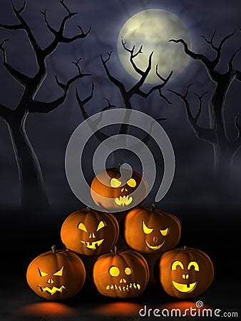 Stack of Halloween pumpkins in a spooky forest at night Stock Photo