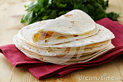 Stack of homemade whole wheat flour tortillas Stock Photo