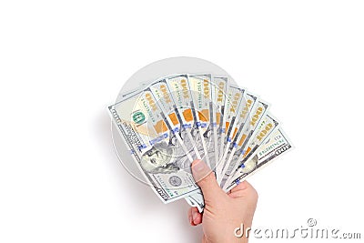 Stack hundred dollar bills hands, on white background Stock Photo