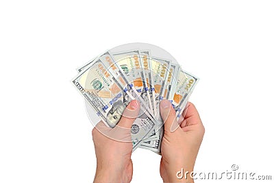 Stack hundred dollar bills hands, on white background Stock Photo