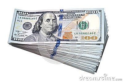 A stack of hundred-dollar bills. A pile of American dollars banknotes isolated on a white background Stock Photo