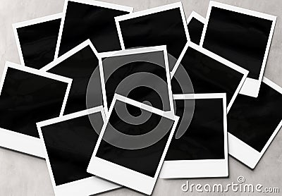 Stack of instant photos Mockup. Pile of retro photographs on concrete 3D rendering Stock Photo