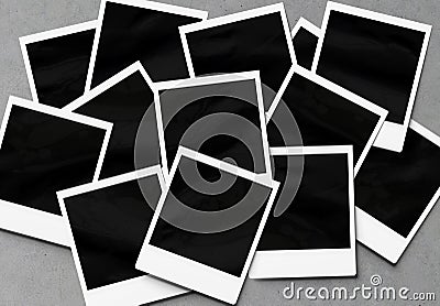 Stack of instant photos Mockup. Pile of retro photographs on concrete 3D rendering Stock Photo