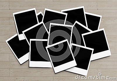 Stack of instant photos Mockup. Pile of retro photographs on wooden 3D rendering Stock Photo