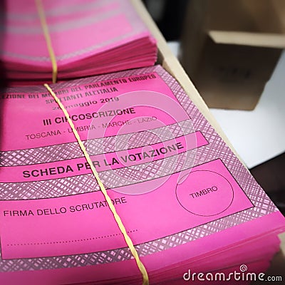 A stack of Italian ballot papers for the European elections of 26 May 2019 Editorial Stock Photo