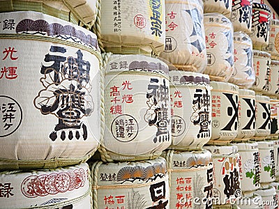 Stack of Japanese Alcohol (Sake) in Minatogawa Shrine, Kobe, Japan Editorial Stock Photo