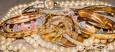 Stack of jewelry, wealth and investment background Stock Photo