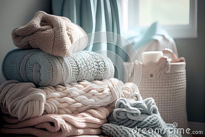 Stack of knitted plaids and pillows. Knitting as a hobby and handicraft. Generative AI Stock Photo