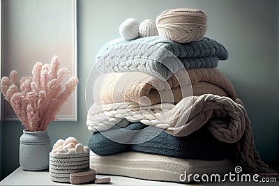 Stack of knitted plaids and pillows. Knitting as a hobby and handicraft. Generative AI Stock Photo