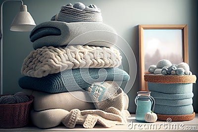 Stack of knitted plaids and pillows. Knitting as a hobby and handicraft. Generative AI Stock Photo