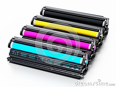 Stack of laser printer CMYK toners. 3D illustration Cartoon Illustration