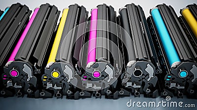 Stack of laser printer CMYK toners. 3D illustration Cartoon Illustration