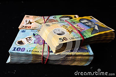 Stack of LEI Romanian money. RON Leu Money European Currency Editorial Stock Photo