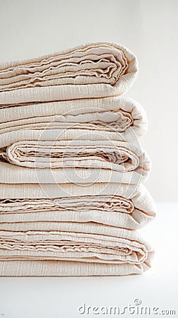 Stack of light beige cloths with soft texture, neatly arranged, slightly overlapping, white background Stock Photo
