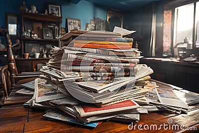 A stack of magazines sitting on top of a wooden table Stock Photo