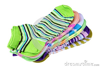 Stack Of Many Pairs Colorful Striped Socks Isolated On White Stock Photo