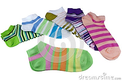 Stack Of Many Pairs Colorful Striped Socks Isolated On White Stock Photo