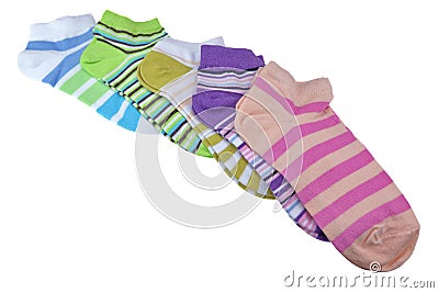 Stack Of Many Pairs Colorful Striped Socks Isolated On White Stock Photo