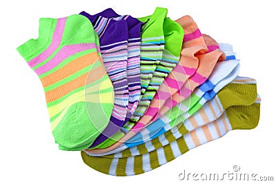 Stack Of Many Pairs Colorful Striped Socks Isolated On White Stock Photo