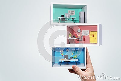 A Stack of Miniature business Office Rooms Cartoon Illustration