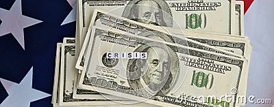 Stack of money on american flag and text financial crisis dollar inflation recession global economy Stock Photo