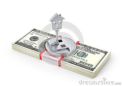 Stack of money with lock in form of house. Cartoon Illustration