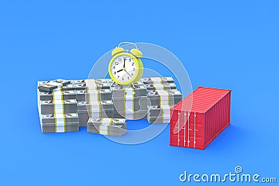 Stack of money near alarm clock, freight container Stock Photo