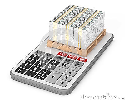 Stack Of Money over Calculator. 3d Rendering Stock Photo