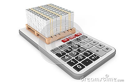 Stack Of Money over Calculator. 3d Rendering Stock Photo