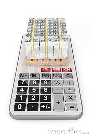 Stack Of Money over Calculator. 3d Rendering Stock Photo