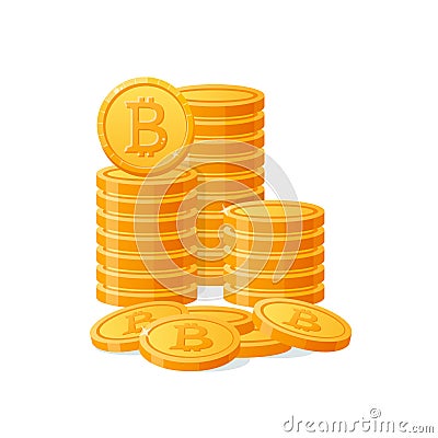 Stack mountain gold bitcoins digital money. Cryptocurrency coins, virtual currency, capitalization. Isolated icon Vector Illustration