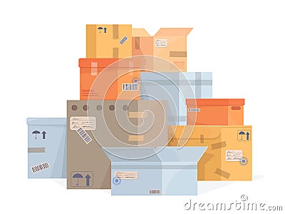 Stack moving boxes. Lot carton mail box move cargo, stockpile cardboard delivery parcel packing, supplies wholesale Vector Illustration