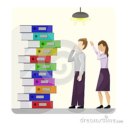 A stack of multi-colored cardboard folders next to a pair of workers in despondency. yellow background. From school, office, work Vector Illustration