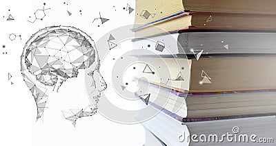 Stack of multicolored books and human man head with brain. Old textbooks stacked on each other. Online education Stock Photo