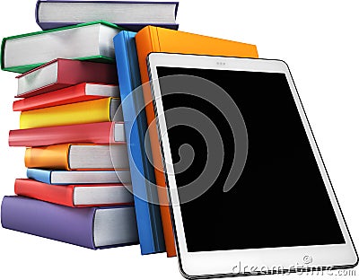 Stack of multicolored books and a tablet. Education concept, back to school. 3d Cartoon Illustration
