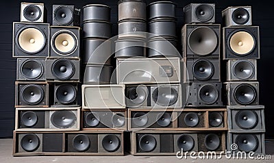 A stack of music audio speakers provided the perfect soundtrack for outdoor event. Creating using generative AI tools Stock Photo