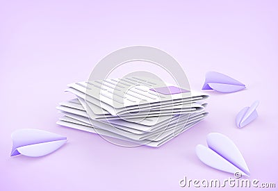 Stack of newspaper with paper planes on purple background 3d render. Concept of news, sending email or message in social Cartoon Illustration