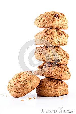 stack oatmeal cookies cinnamon with nuts isolated Stock Photo